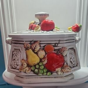 Hand Painted Embossed Fruits Cluster Tureen, Vintage MCM New Trends Ceramic